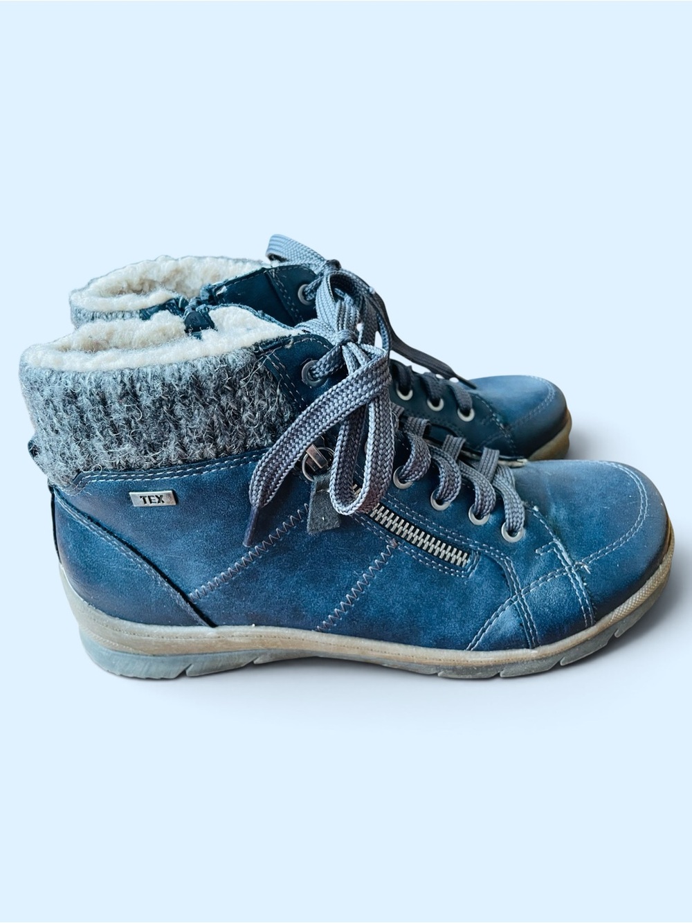 Women's Blue Faux-Shearling Lace-Up Ankle Booties